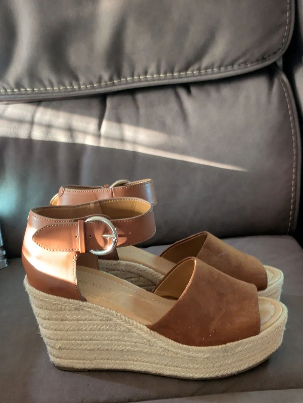 Nine West Brown Suede and Leather Espadrille Wedge Sandals